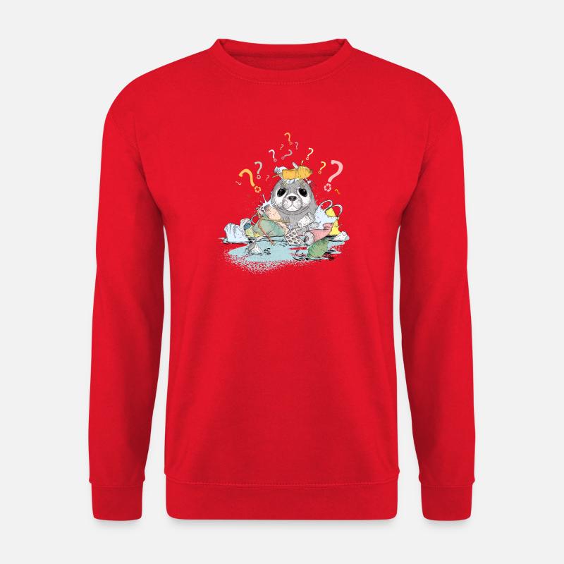 Plastikmüll und Robbe mit vielen Fragezeichen - Unisex Pullover - Rot