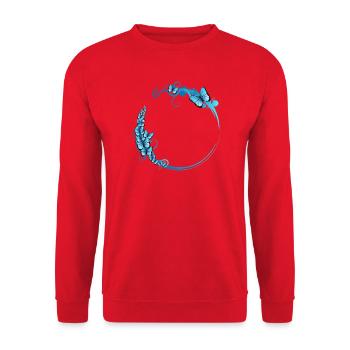 blauer Schmetterlings Rahmen für eigene Texte - Unisex Pullover - Rot - Vorne - Alina (178cm) & Michal (187cm)