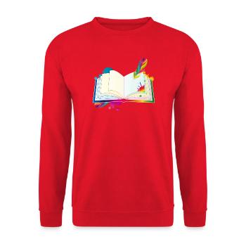 kunterbuntes Tagebuch mit Schreibfeder und Kleckse - Unisex Pullover - Rot - Vorne - Alina (178cm) & Michal (187cm)