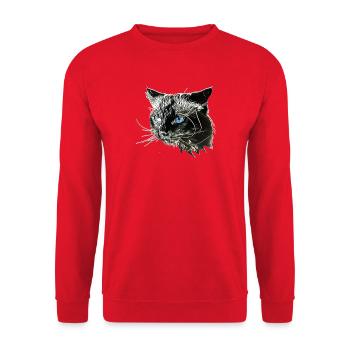 Katzenkopf mit blauen Augen – Monochrom - Unisex Pullover - Rot - Vorne - Alina (178cm) & Michal (187cm)