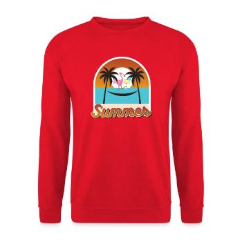 Hängemattenfieber mit Flamingo und Sonnenuntergang - Unisex Pullover - Rot - Vorne - Alina (178cm) & Michal (187cm)