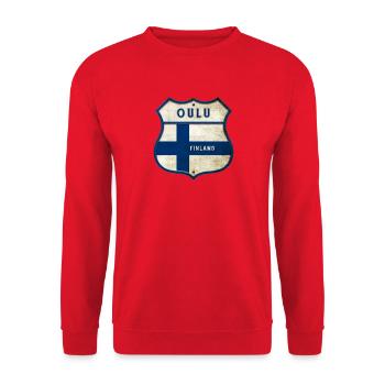 Oulu Finnland Wappen Design - Unisex Pullover - Rot - Vorne - Alina (178cm) & Michal (187cm)