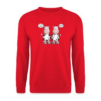 Selber Muh I Kommunikation Kuh I Statment - Unisex Pullover - Rot - Vorne - Alina (178cm) & Michal (187cm)