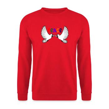 Zwei weiße Friedenstauben mit farbigem Text PEACE - Unisex Pullover - Rot - Vorne - Alina (178cm) & Michal (187cm)
