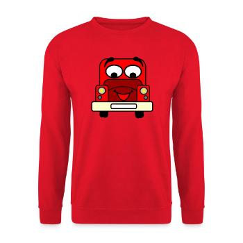 Glückliches Auto mit rotem Gesicht - Unisex Pullover - Rot - Vorne - Alina (178cm) & Michal (187cm)
