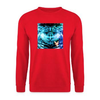 Blauer Psychedelischer Schmetterling - Unisex Pullover - Rot - Vorne - Alina (178cm) & Michal (187cm)