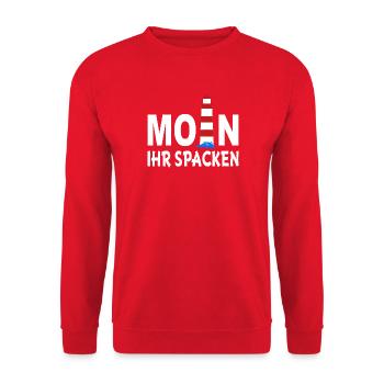 Moin ihr Spacken - Unisex Pullover - Rot - Vorne - Alina (178cm) & Michal (187cm)