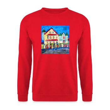 Stadtlandschaft im Expressionismus - Unisex Pullover - Rot - Vorne - Alina (178cm) & Michal (187cm)