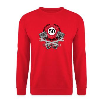 50e anniversaire ,50 ans ,Garage,Mécanicien Mécanicien automobile(25) - Sweat-shirt Unisexe - rouge - Devant - Alina (178cm) & Michal (187cm)