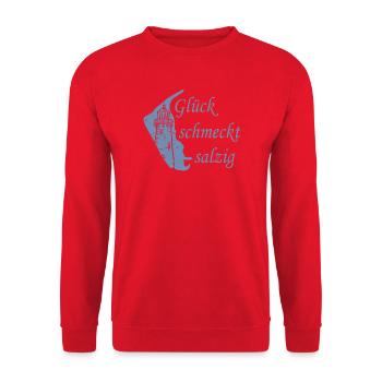 Glück schmeckt salzig – Amrum Nordsee Insel Design - Unisex Pullover - Rot - Vorne - Alina (178cm) & Michal (187cm)