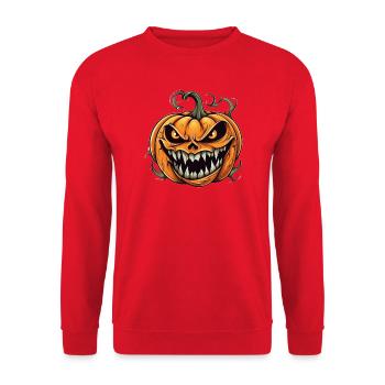 Gruseliger Kürbis mit bösem Grinsen - Unisex Pullover - Rot - Vorne - Alina (178cm) & Michal (187cm)