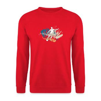 Fußballspieler mit dem Fussball - Unisex Pullover - Rot - Vorne - Alina (178cm) & Michal (187cm)