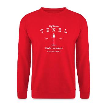 Leuchtturm auf Texel, Niederlande, Handzeichnung - Unisex Pullover - Rot - Vorne - Alina (178cm) & Michal (187cm)