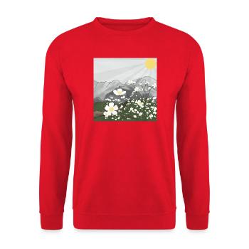 Weiße Blumen-Wiese vor Bergpanorama im Frühling - Unisex Pullover - Rot - Vorne - Alina (178cm) & Michal (187cm)