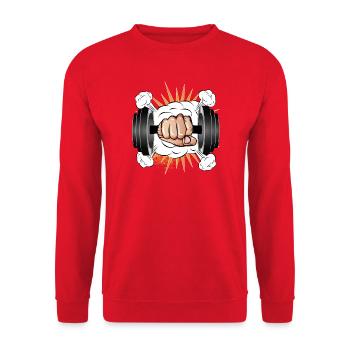 Dumbbell in hand - Comic style for bodybuilders - Unisex Sweatshirt - red - Front - Alina (178cm) & Michal (187cm)