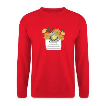 Ein kleiner Blumengruß per Post im Briefumschlag - Unisex Pullover - Rot - Vorne - Alina (178cm) & Michal (187cm)
