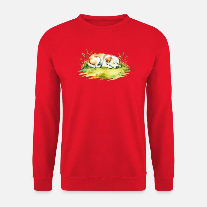 Traumhafte Ruhe: Schlafender Hund auf Wiese - Unisex Pullover - Rot