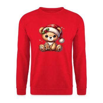 Herziger weihnachtlicher Teddybär mit Lebkuchen - Unisex Pullover - Rot - Vorne - Alina (178cm) & Michal (187cm)