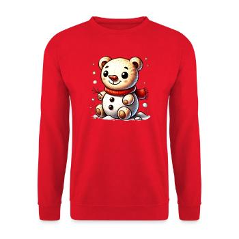 Schneemann-Bär mit Schal – Niedliches Wintermotiv - Unisex Pullover - Rot - Vorne - Alina (178cm) & Michal (187cm)