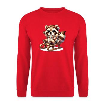 Cheerful raccoon on sleigh – winter fun motif - Unisex Sweatshirt - red - Front - Alina (178cm) & Michal (187cm)
