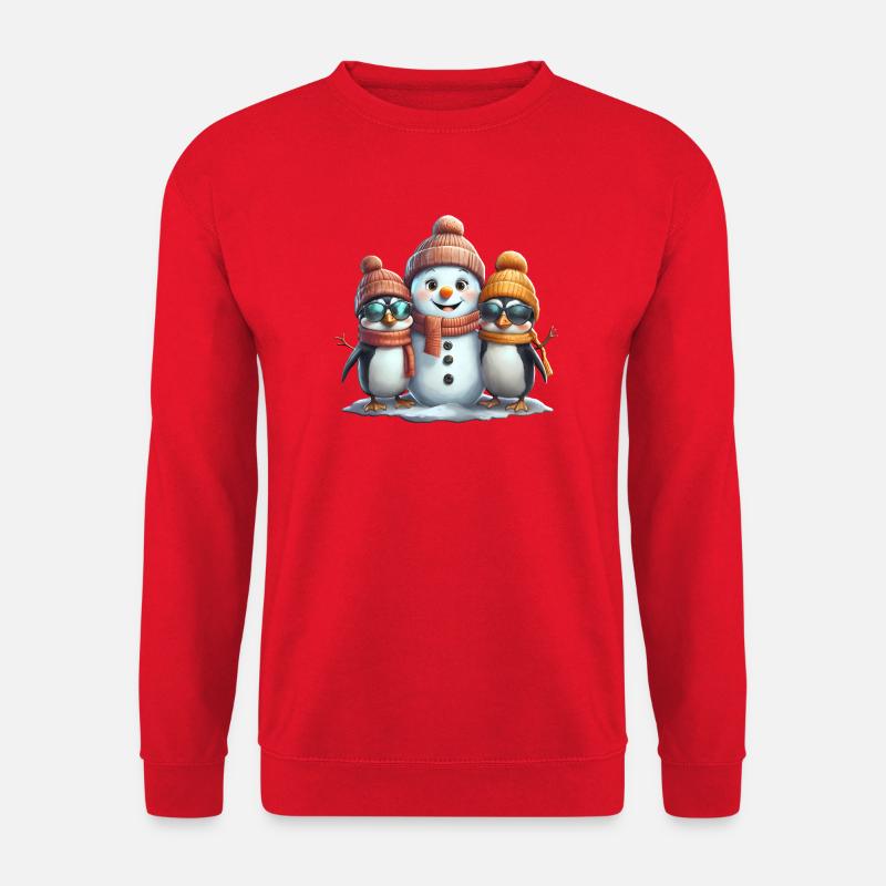 Winterfreunde: Pinguine & Schneemann - Unisex Pullover - Rot