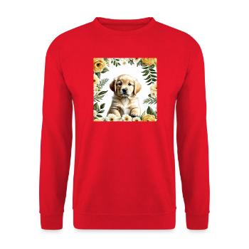 Niedlicher Welpe im Blumenkranz - Unisex Pullover - Rot - Vorne - Alina (178cm) & Michal (187cm)