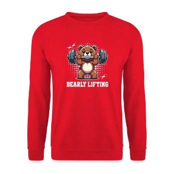 Bearly Lifting – Lustiges Teddy-Workout-Design - Unisex Pullover - Rot - Vorne - Alina (178cm) & Michal (187cm)
