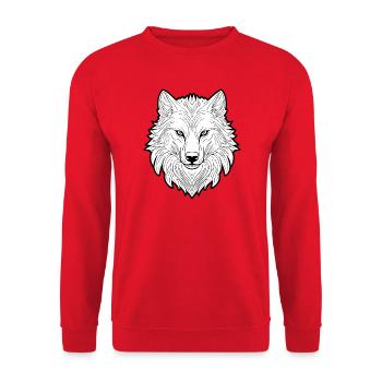 Grafischer Wolfkopf in Schwarzweiß - Unisex Pullover - Rot - Vorne - Alina (178cm) & Michal (187cm)