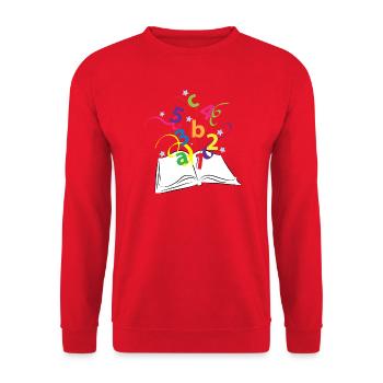 Buch mit bunten Buchstaben und Zahlen - Unisex Pullover - Rot - Vorne - Alina (178cm) & Michal (187cm)