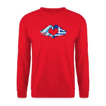 Bayern Griechenland Flagge Hände Herzform used - Unisex Pullover - Rot - Vorne - Alina (178cm) & Michal (187cm)