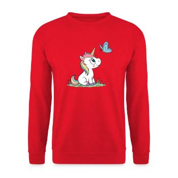 Süßes neugieriges Baby Einhorn und Schmetterling Magazin v01 - Unisex Pullover - Rot - Vorne - Alina (178cm) & Michal (187cm)