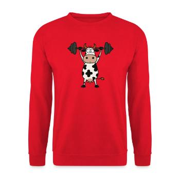 Lustige Kuh Barbell Workout Fitness Bodybuilding - Unisex Pullover - Rot - Vorne - Alina (178cm) & Michal (187cm)