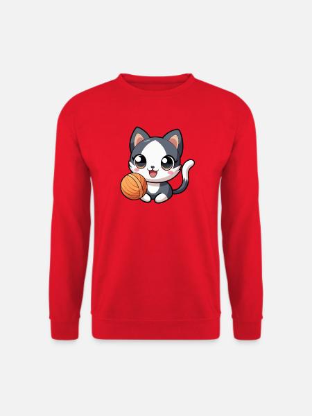 Schwarz-weißes Kawaii-Kätzchen mit Strang - Unisex Pullover - Rot