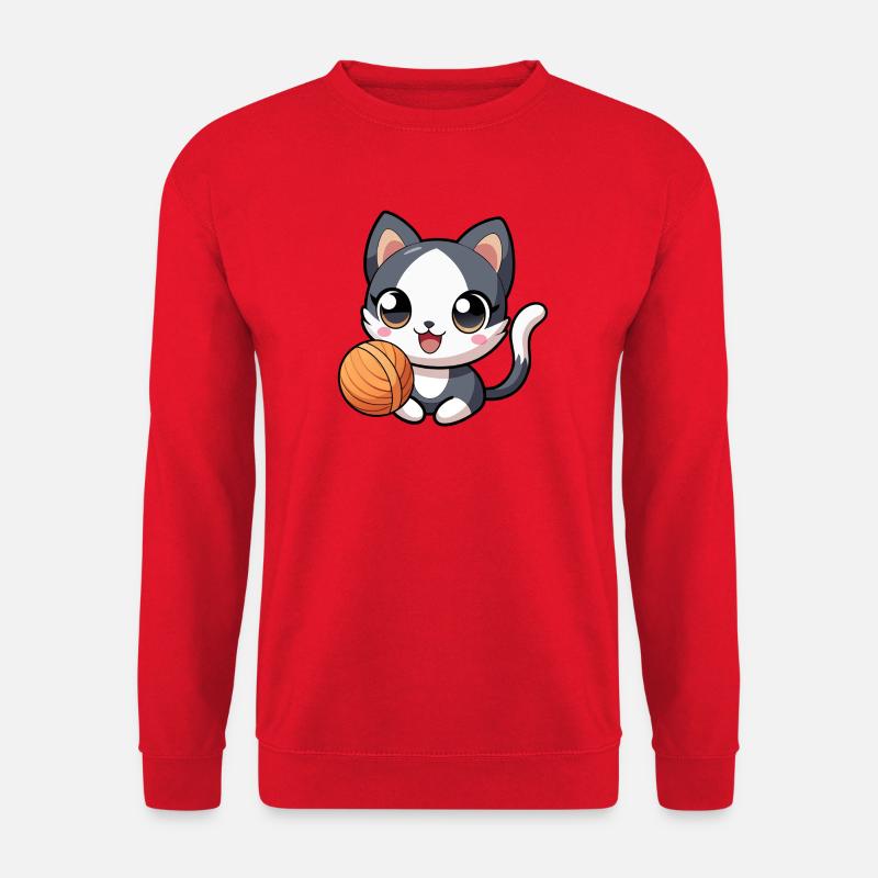Schwarz-weißes Kawaii-Kätzchen mit Strang - Unisex Pullover - Rot