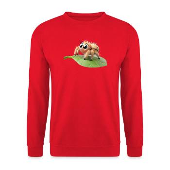 Neugierige kleine Philippus-Spinne auf einem Blatt - Unisex Pullover - Rot - Vorne - Alina (178cm) & Michal (187cm)