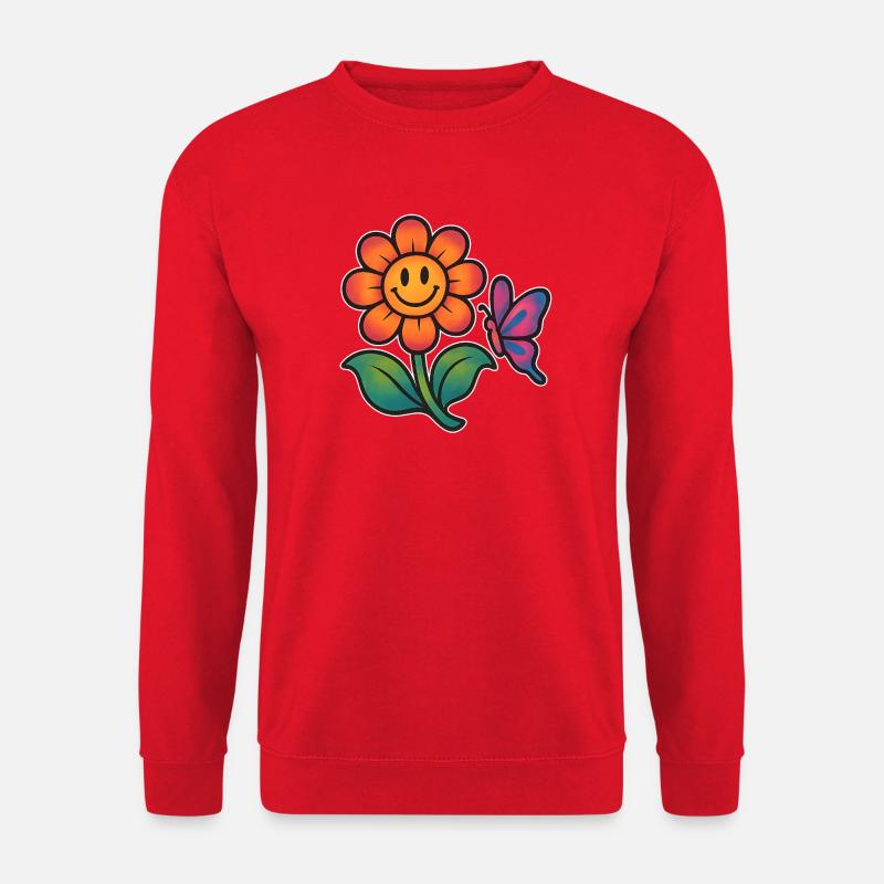 Fröhlicher Blumen- und Schmetterlingsdruck - Unisex Pullover - Rot