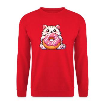 Süße Katze mit Donut Nachtisch Naschkatze - Unisex Pullover - Rot - Vorne - Alina (178cm) & Michal (187cm)