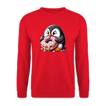 Süßer Pinguin mit Donut lustig Cartoon - Unisex Pullover - Rot - Vorne - Alina (178cm) & Michal (187cm)