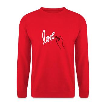 Eine Hand schreibt LOVE - Unisex Pullover - Rot - Vorne - Alina (178cm) & Michal (187cm)
