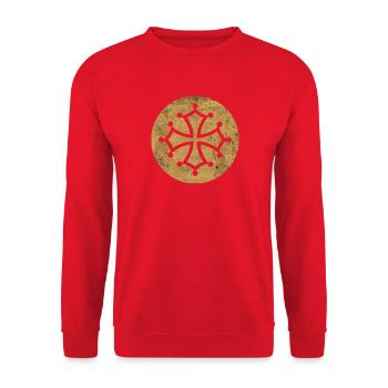 Cathar cross in golden circle - Occitan symbol - Unisex Sweatshirt - red - Front - Alina (178cm) & Michal (187cm)