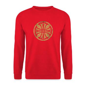Canterbury-Kreuz im Goldenen Kreis - Unisex Pullover - Rot - Vorne - Alina (178cm) & Michal (187cm)