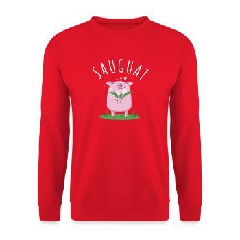 Sauguat Dialekt Spruch Süßes Schwein - Unisex Pullover - Rot - Vorne - Alina (178cm) & Michal (187cm)