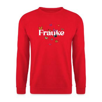 Beautiful girl's name FRAUKE with butterflies - Unisex Sweatshirt - red - Front - Alina (178cm) & Michal (187cm)