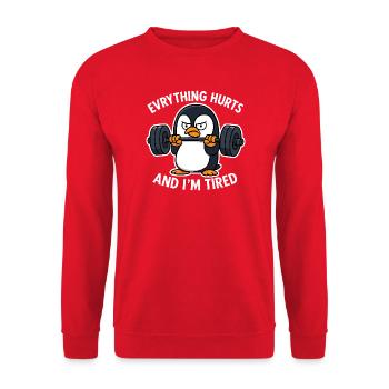 Grumpy Penguin Lifting Weights - Unisex Sweatshirt - red - Front - Alina (178cm) & Michal (187cm)
