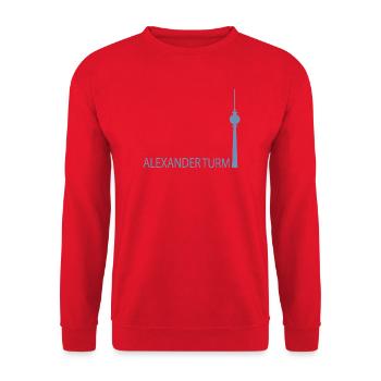 Minimalistisch Silhouette des Berliner Fernsehturm - Unisex Pullover - Rot - Vorne - Alina (178cm) & Michal (187cm)