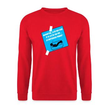 Humoristisches Zitat auf blauem Sofa - Unisex Pullover - Rot - Vorne - Alina (178cm) & Michal (187cm)