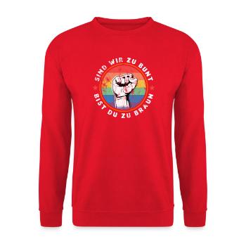 SIND WIR ZU BUNT - BIST DU ZU BRAUN - GEGEN RECHTS - Unisex Pullover - Rot - Vorne - Alina (178cm) & Michal (187cm)