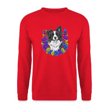 Joyful Border Collie Portrait with Floral Accents - Unisex Sweatshirt - red - Front - Alina (178cm) & Michal (187cm)