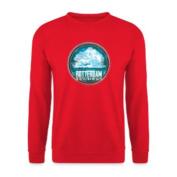 Rotterdam Skyline und Koordinaten Design - Unisex Pullover - Rot - Vorne - Alina (178cm) & Michal (187cm)