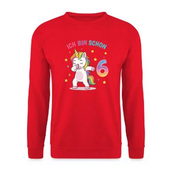 Kindergeburtstag 6, Tanzendes Lustiges Einhorn - Unisex Pullover - Rot - Vorne - Alina (178cm) & Michal (187cm)